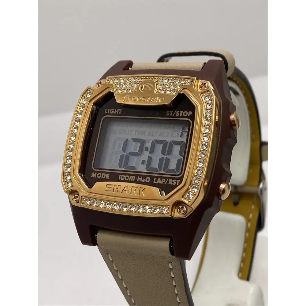 Freestyle Shark Rosegold Rhinestone Tan Leather Band Surfing Watch New Battery
